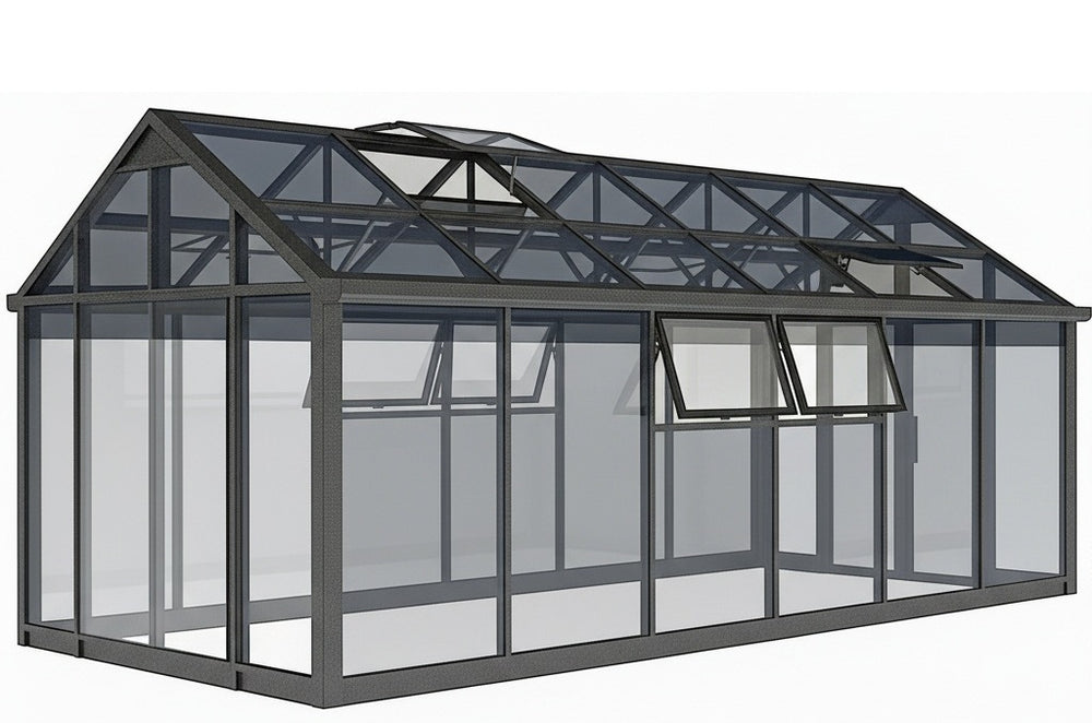 Greenhouse with transparent panels and a dark metal frame on a white background