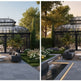 Two views of a modern glasshouse with outdoor seating area in a garden setting.