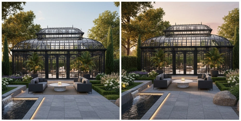 Two views of a modern glasshouse with outdoor seating area in a garden setting.