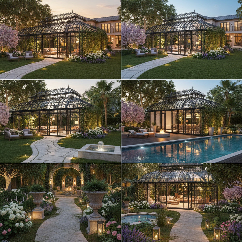 Collage of a luxurious garden with a glasshouse, pool, and decorative elements.