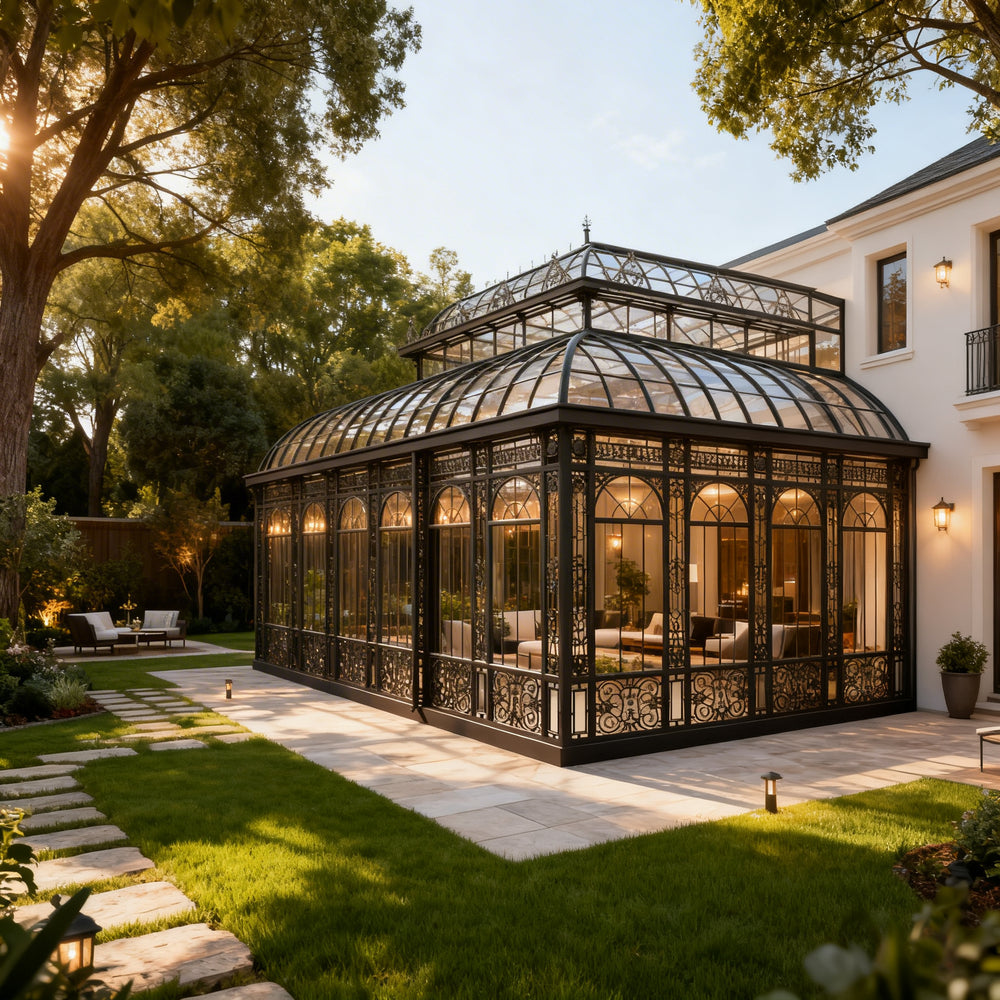 Orangery attached to a house with decorative glass roof and walls, surrounded by trees and garden.