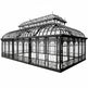 Black and white illustration of a large glasshouse with intricate detailing.