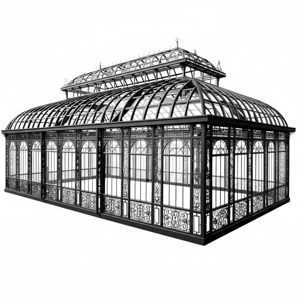 Black and white illustration of a large glasshouse with intricate detailing.