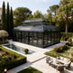 Large glass pavilion with arched windows and central roof lantern
