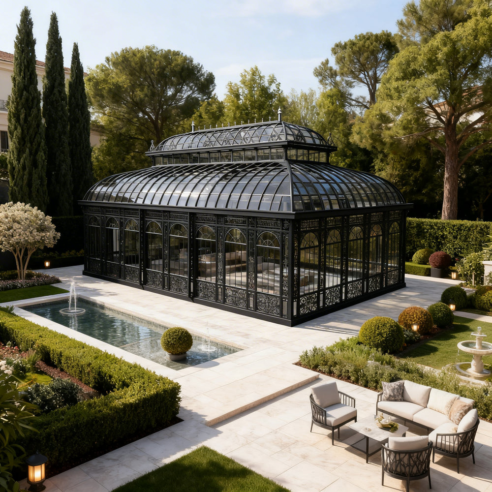 Large glass pavilion with arched windows and central roof lantern