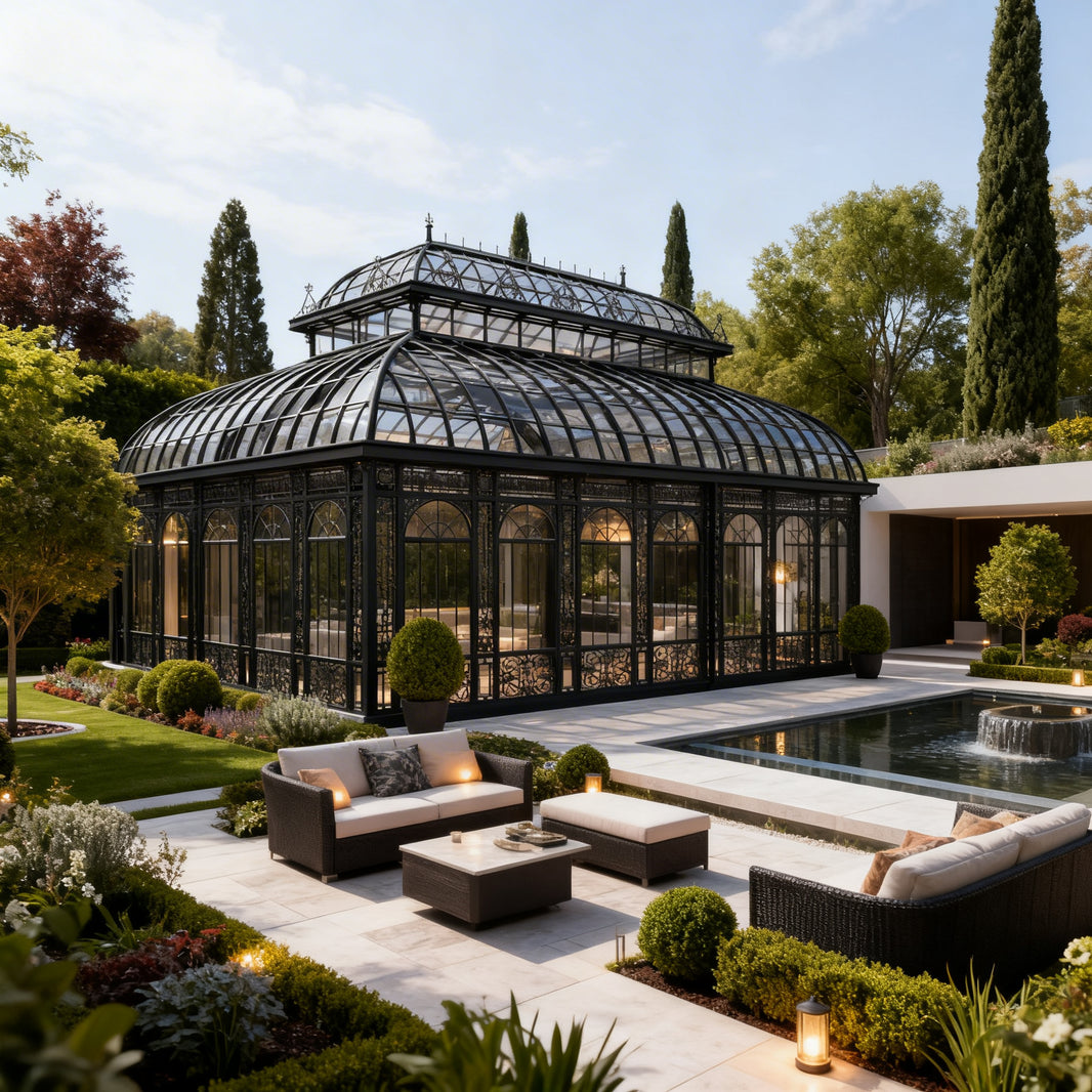Luxury estate greenhouse with ornate metalwork and curved glass roof