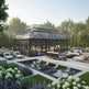 Architectural glass pavilion with raised central roof section