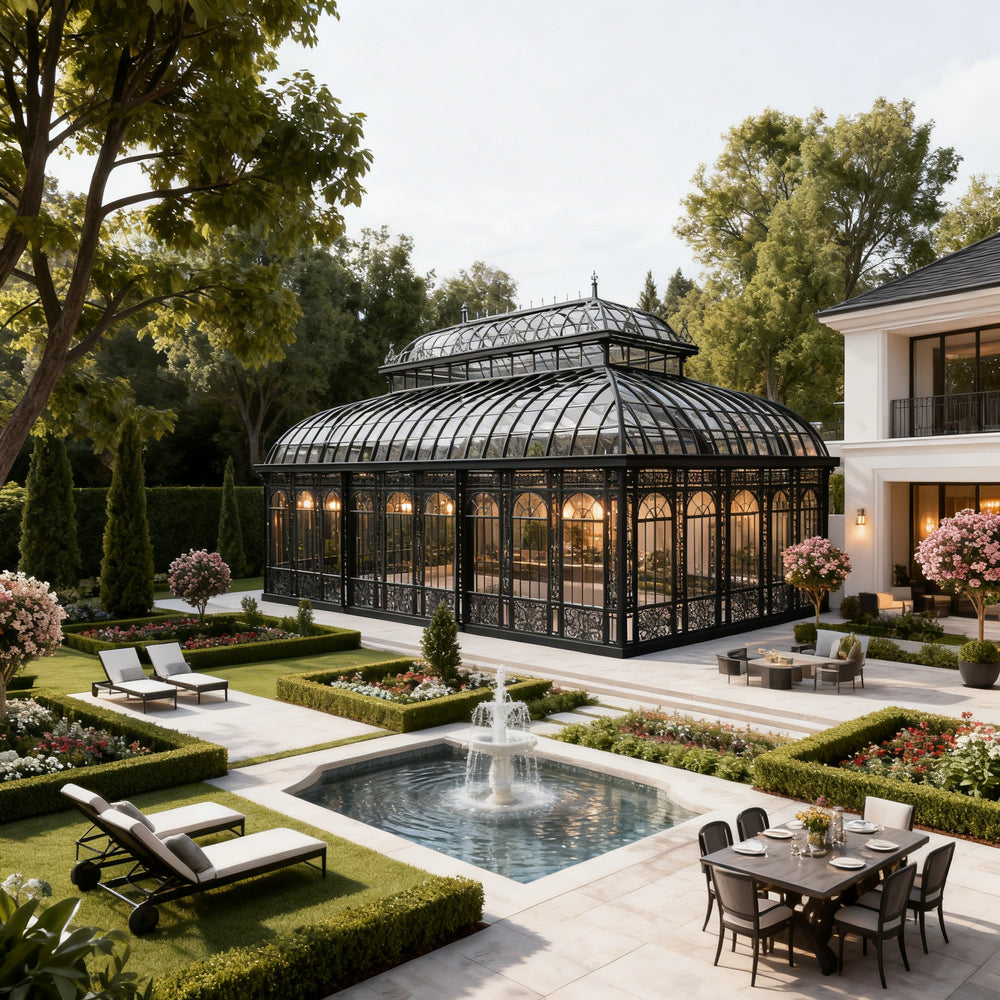 Luxury botanical conservatory with arched windows and steel frame