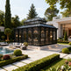 Historic‑style glass greenhouse with ornate detailing