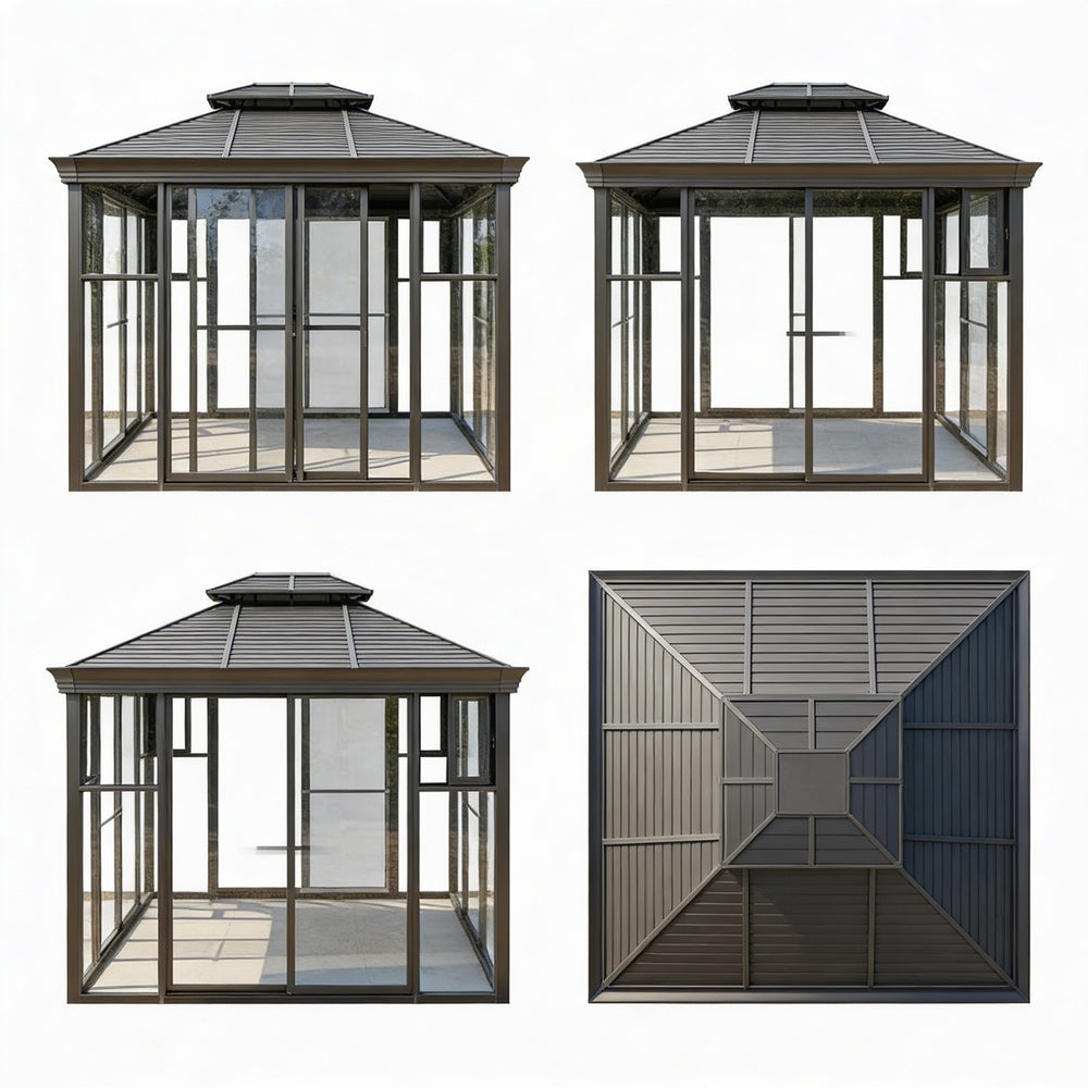 Modern garden room with double‑tier roof and tempered glass walls