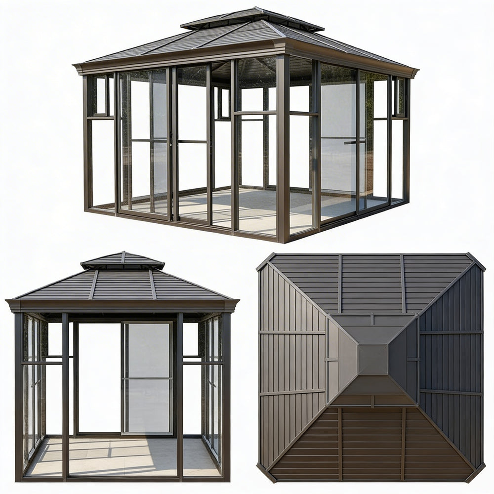 Contemporary sunroom enclosure with hip roof and panoramic glass