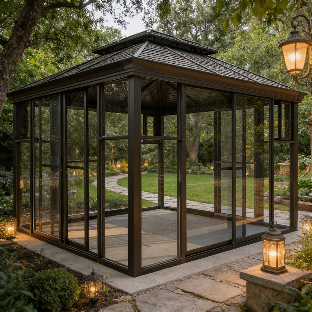 Contemporary outdoor pavilion with raised roof ventilation