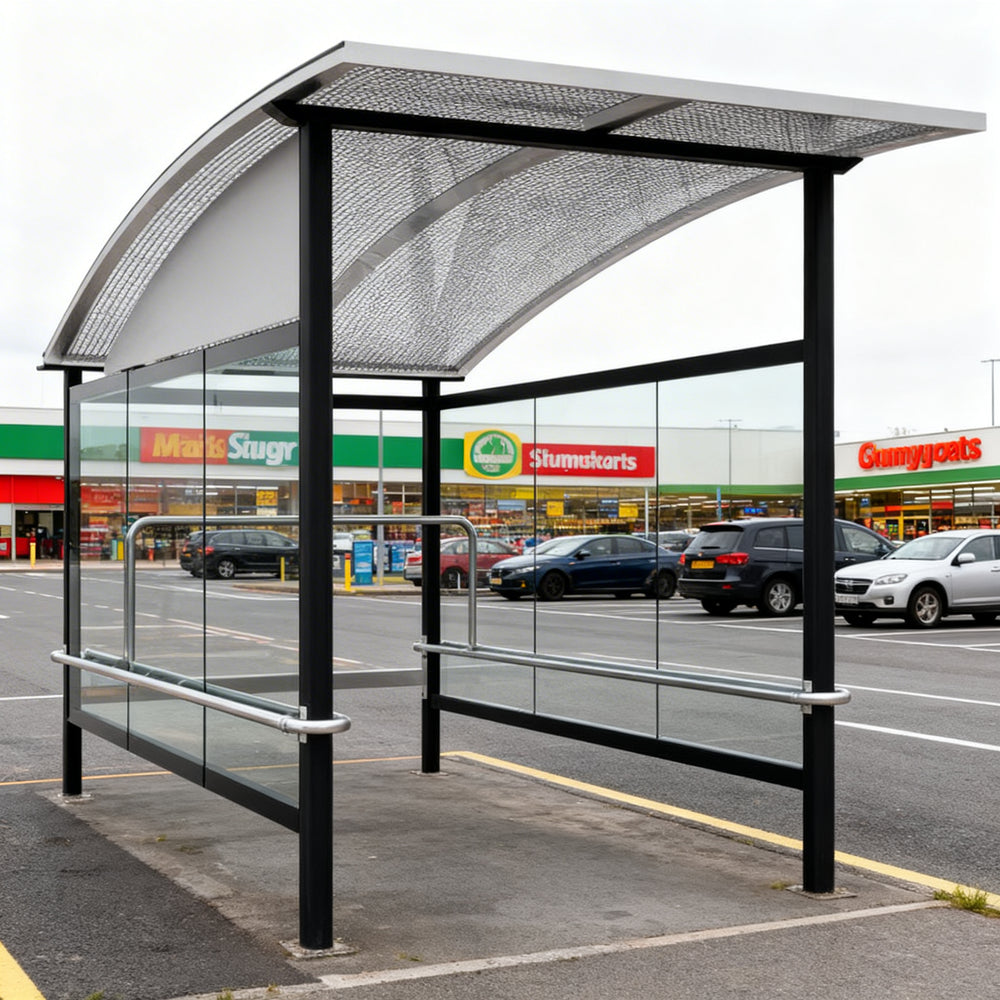 Close‑up of curved perforated metal roof on TAIMCO shopping cart shelter showing ventilation and weather protection.