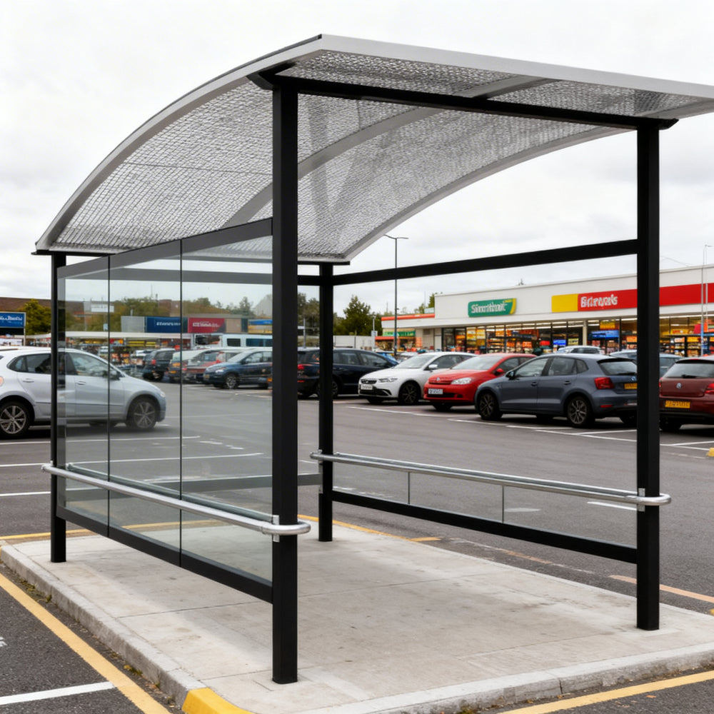 Structural beam and support detail of TAIMCO metal shopping cart shelter showcasing commercial‑grade fabrication.