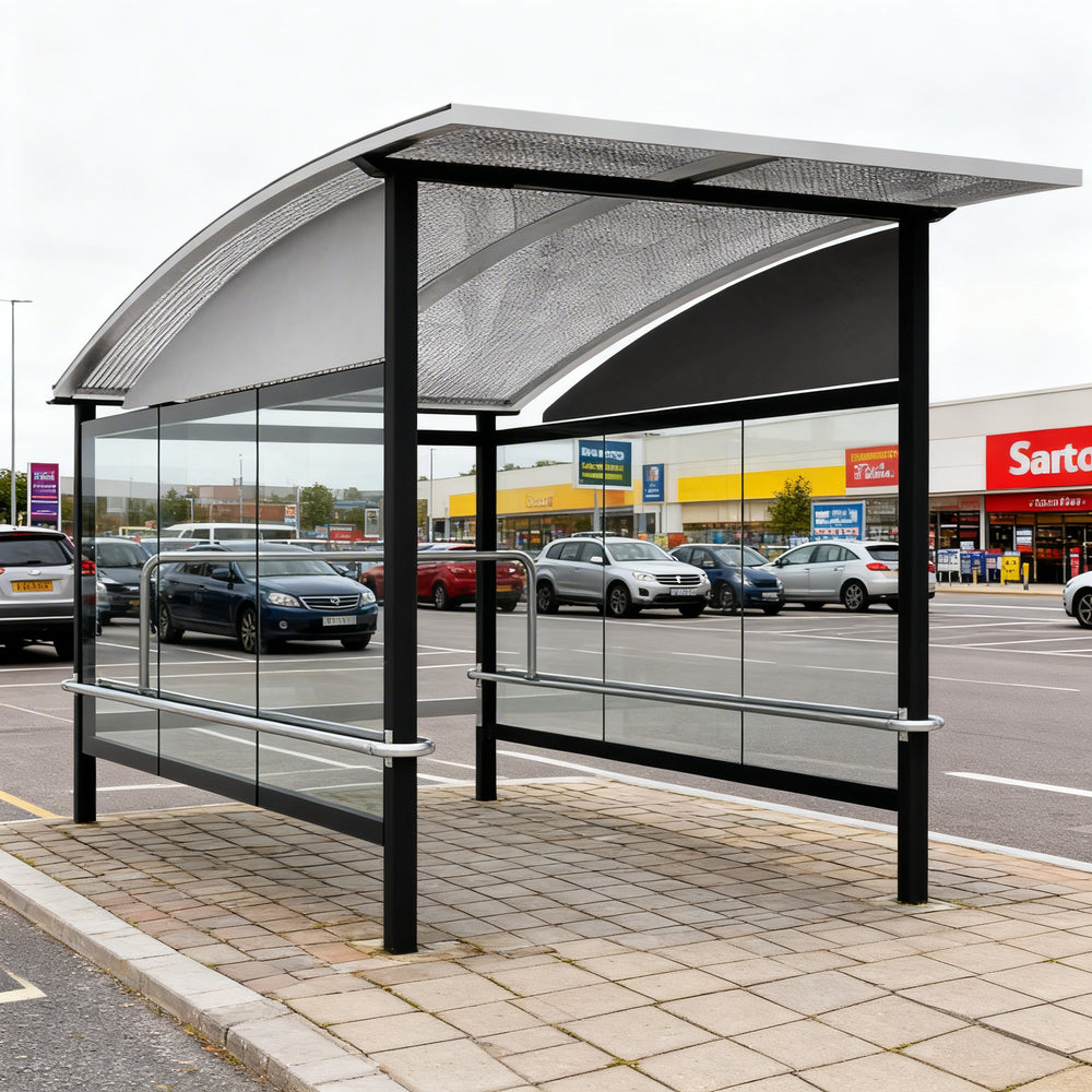 Empty modern shopping cart shelter with perforated roof and glass panels designed for retail stores.