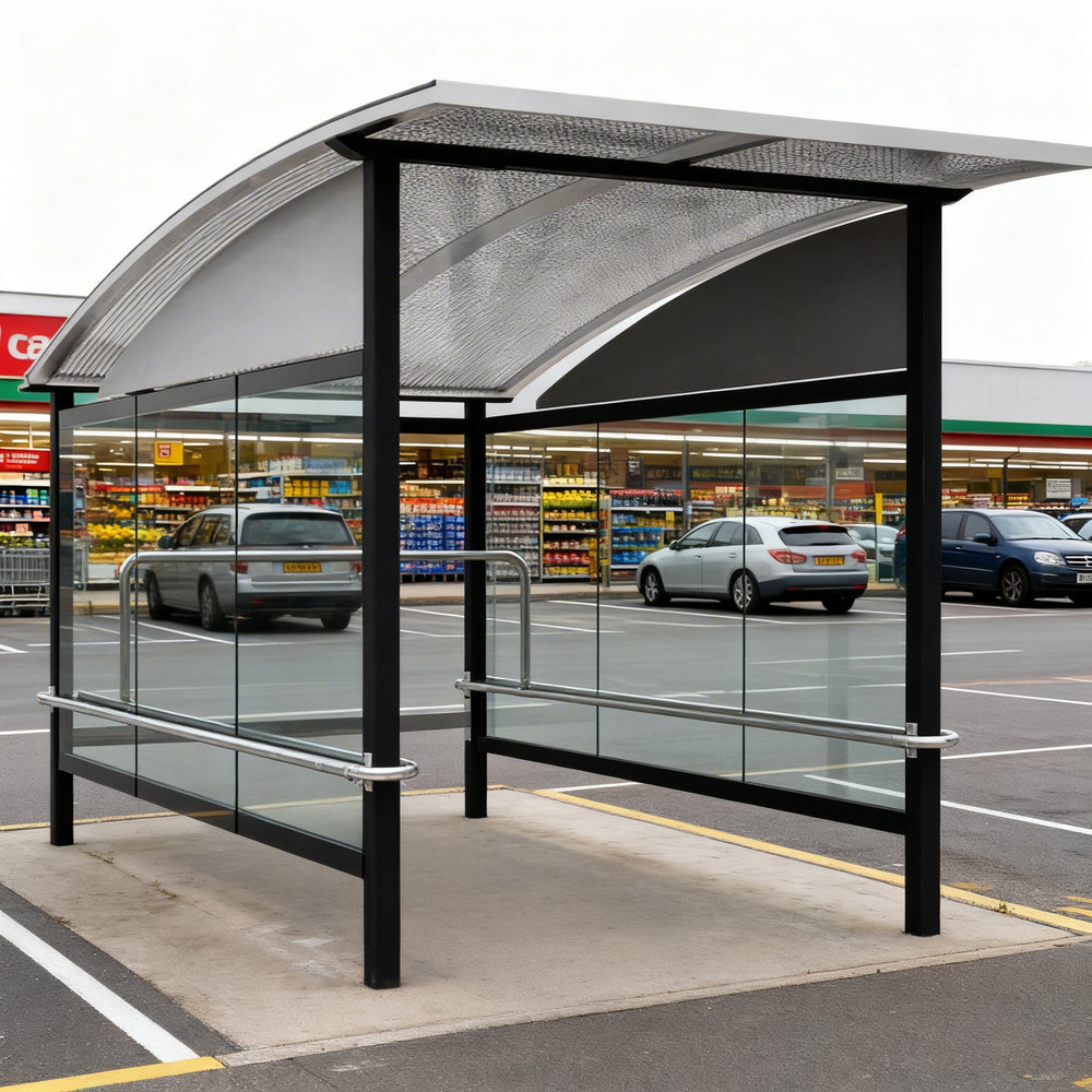 Close‑up of curved perforated metal roof on TAIMCO shopping cart shelter showing ventilation and weather protection.