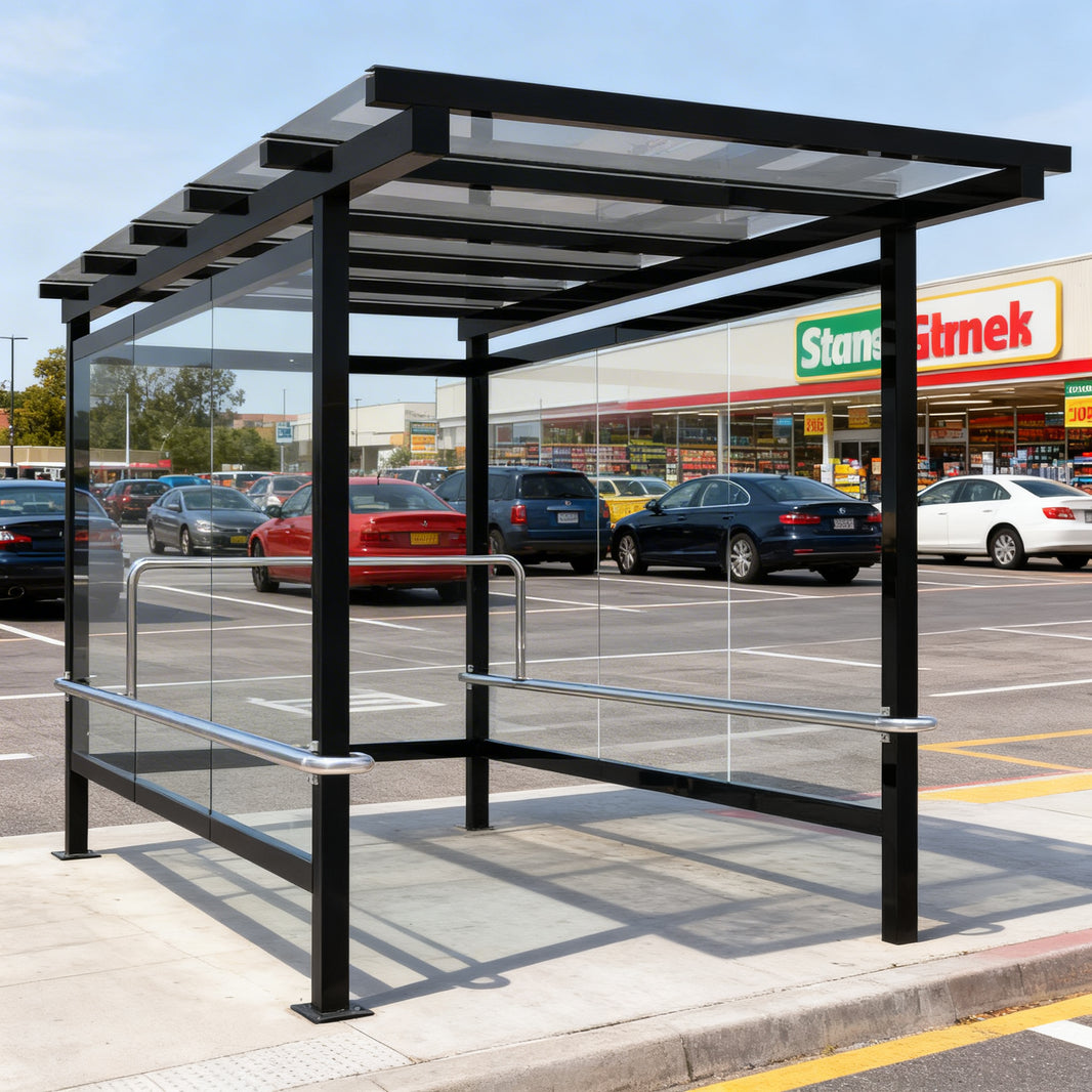 Side profile of shopping cart shelter featuring clear side panels and heavy‑duty steel supports.