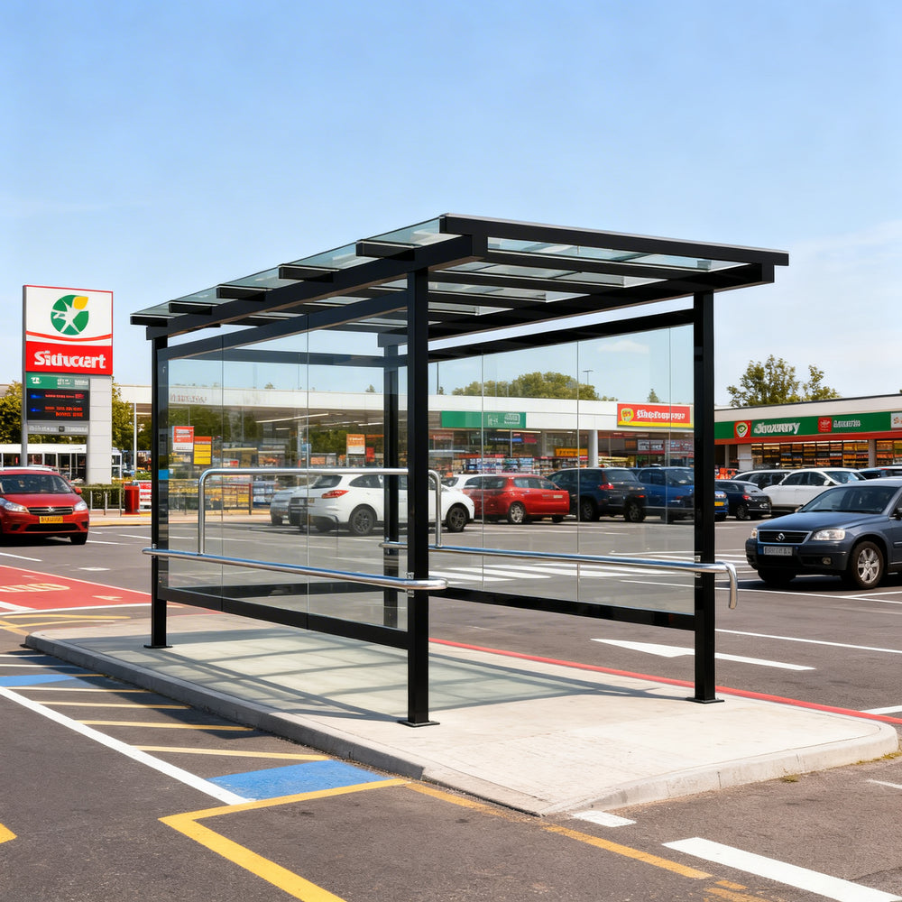 Interior of TAIMCO shopping cart shelter with stainless steel railings for organized cart storage.