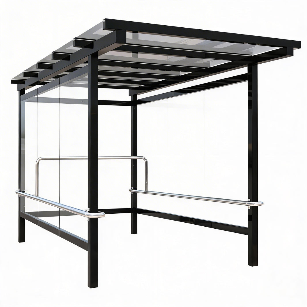 Modern TAIMCO shopping cart shelter with black steel frame and transparent roof panels.