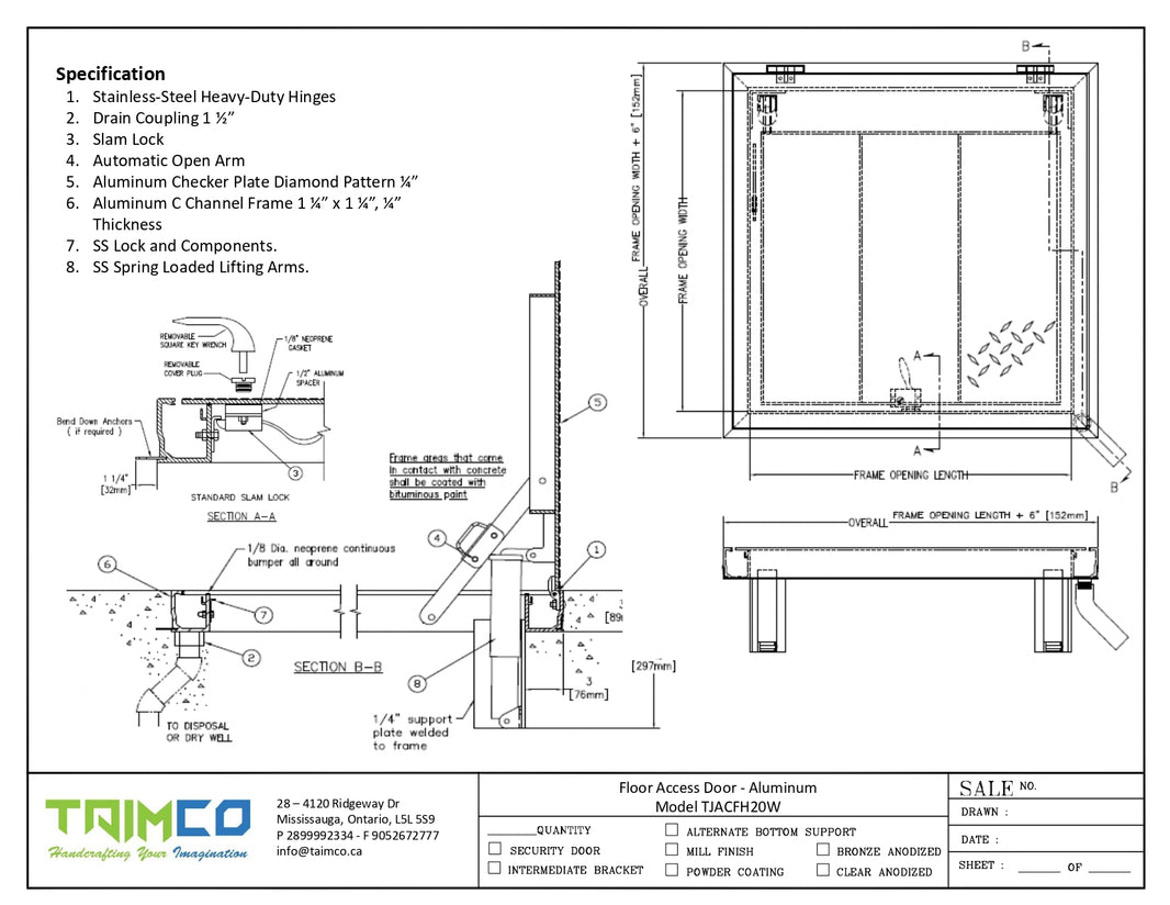 42x42 Aluminum Floor Access Door J-Channel Heavy Load Frame Model TJACFH20W4242