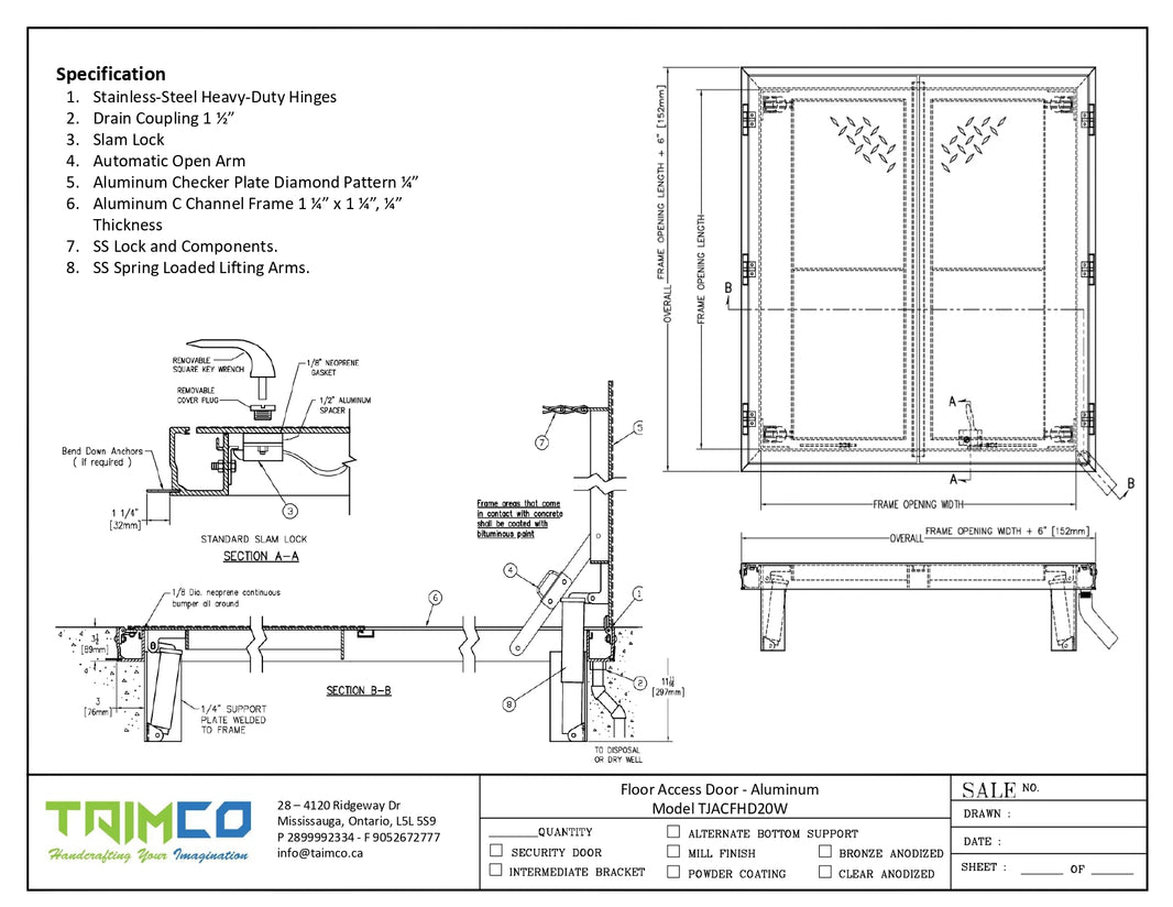 60x60 Aluminum Floor Access Door JD-Channel Heavy Load Frame Model TJACFHD20W6060