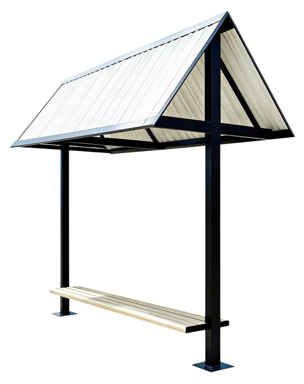Wooden bench seating with clean, modern lines inside TAIMCO outdoor shelter.