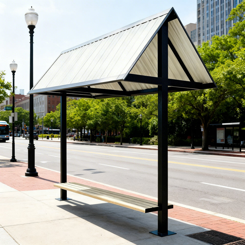 Interior view of outdoor shelter showing wooden bench planks supported by a heavy‑duty steel frame.