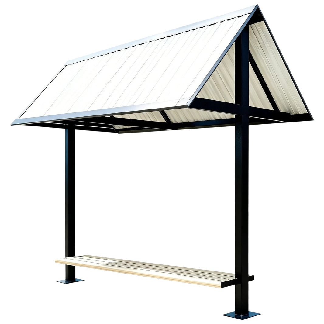 Modern outdoor bench shelter with black steel frame and light metal roof canopy by TAIMCO.