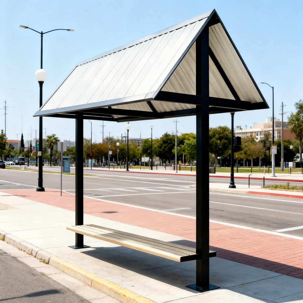 TAIMCO outdoor bench shelter installed in a public space with protective metal canopy.
