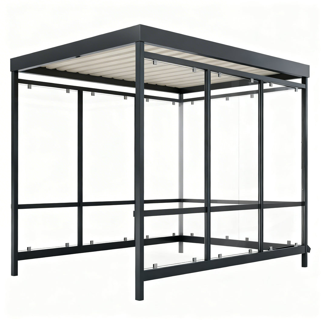 TAIMCO shopping cart shelter with flat slatted roof and full glass side panels.