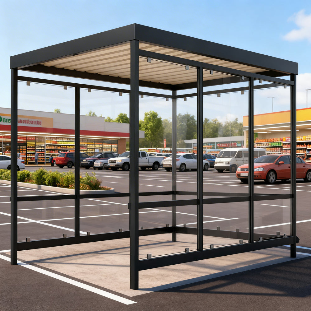 Interior of TAIMCO shopping cart shelter with steel frame and open layout for organized cart storage.