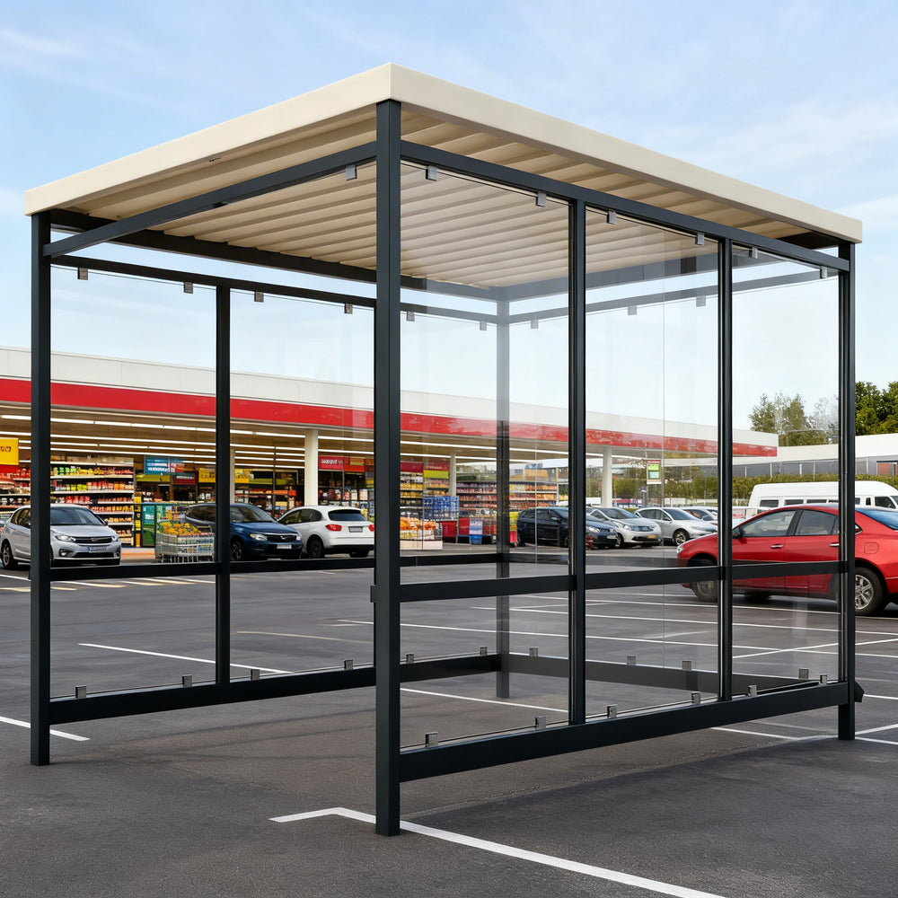 Tempered glass side panel on TAIMCO shopping cart shelter providing visibility and weather protection.