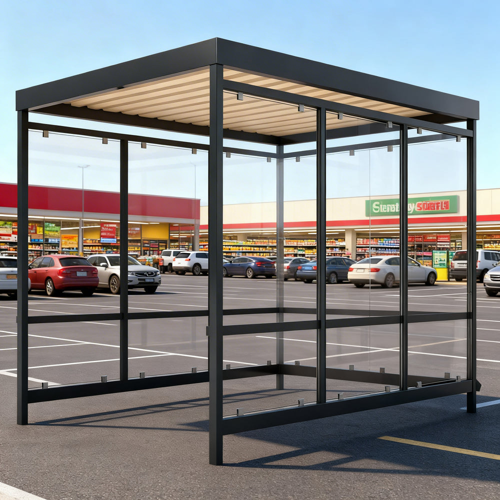 Interior of TAIMCO shopping cart shelter with steel frame and open layout for organized cart storage.