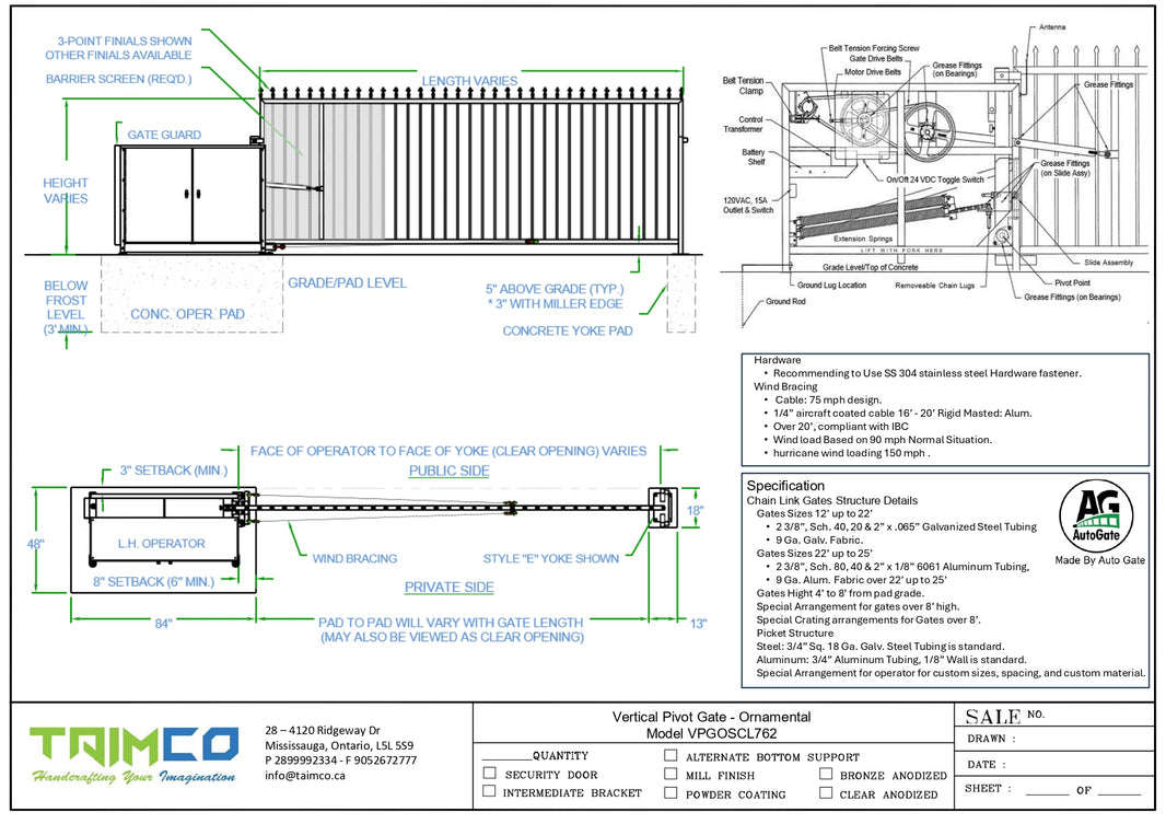 Vertical Pivot Gate - Ornamental  picketts Model VPGOSCL762