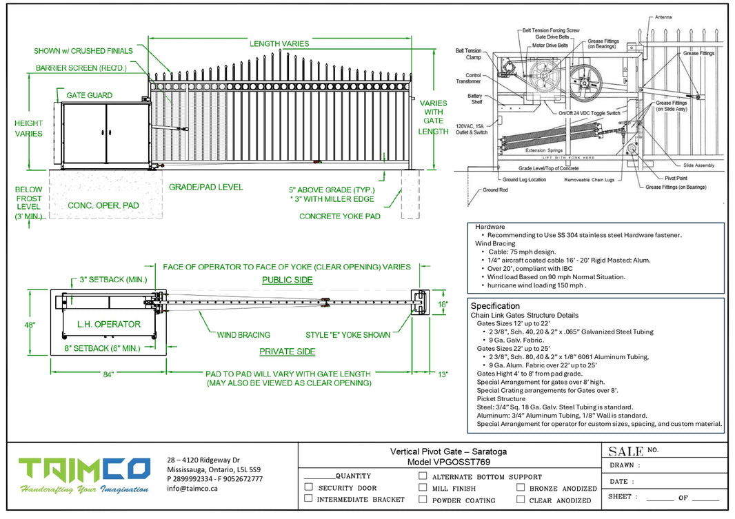 Vertical Pivot Gate - Saratoga Style Model VPGOSST769
