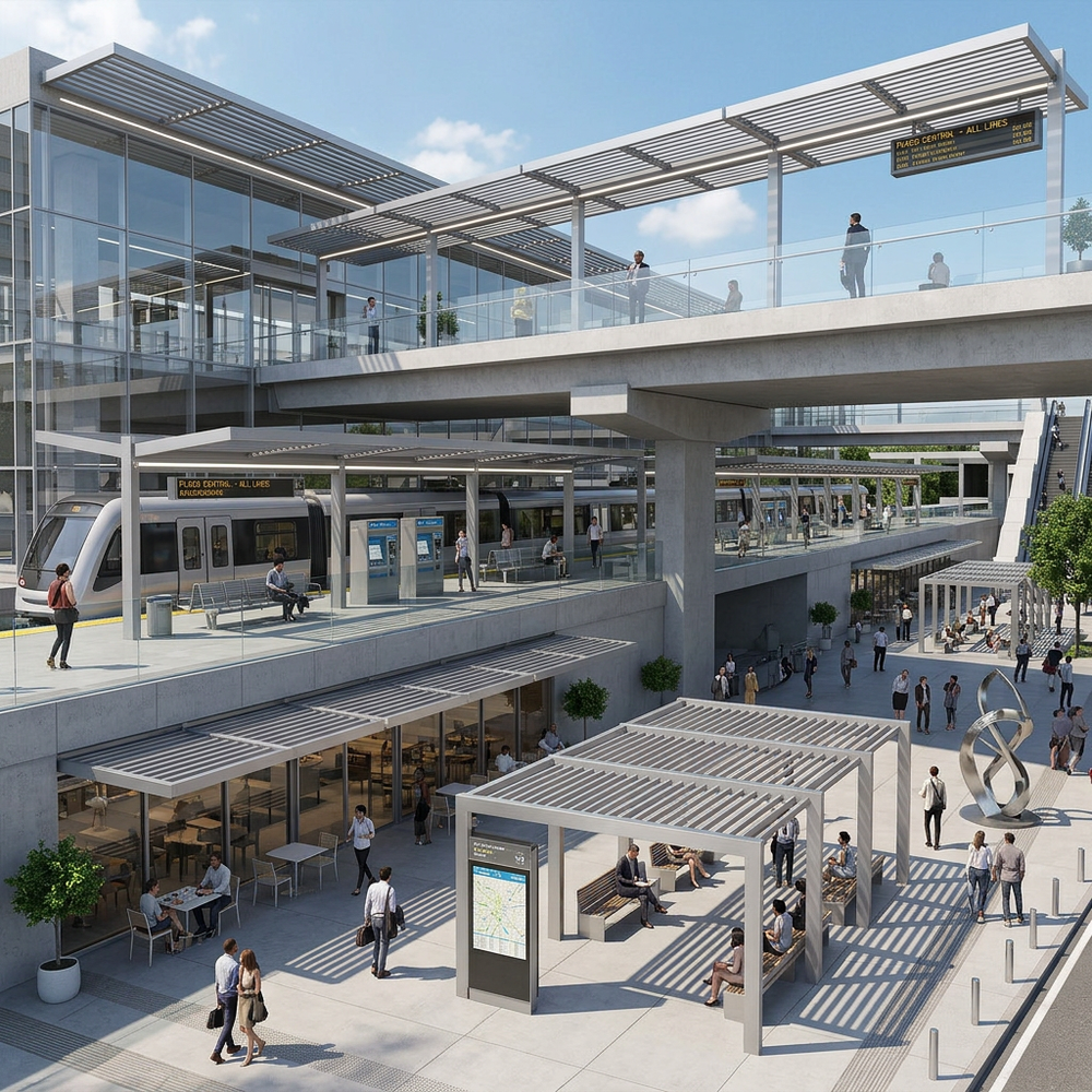 Modern train station with people walking around and a train in the background