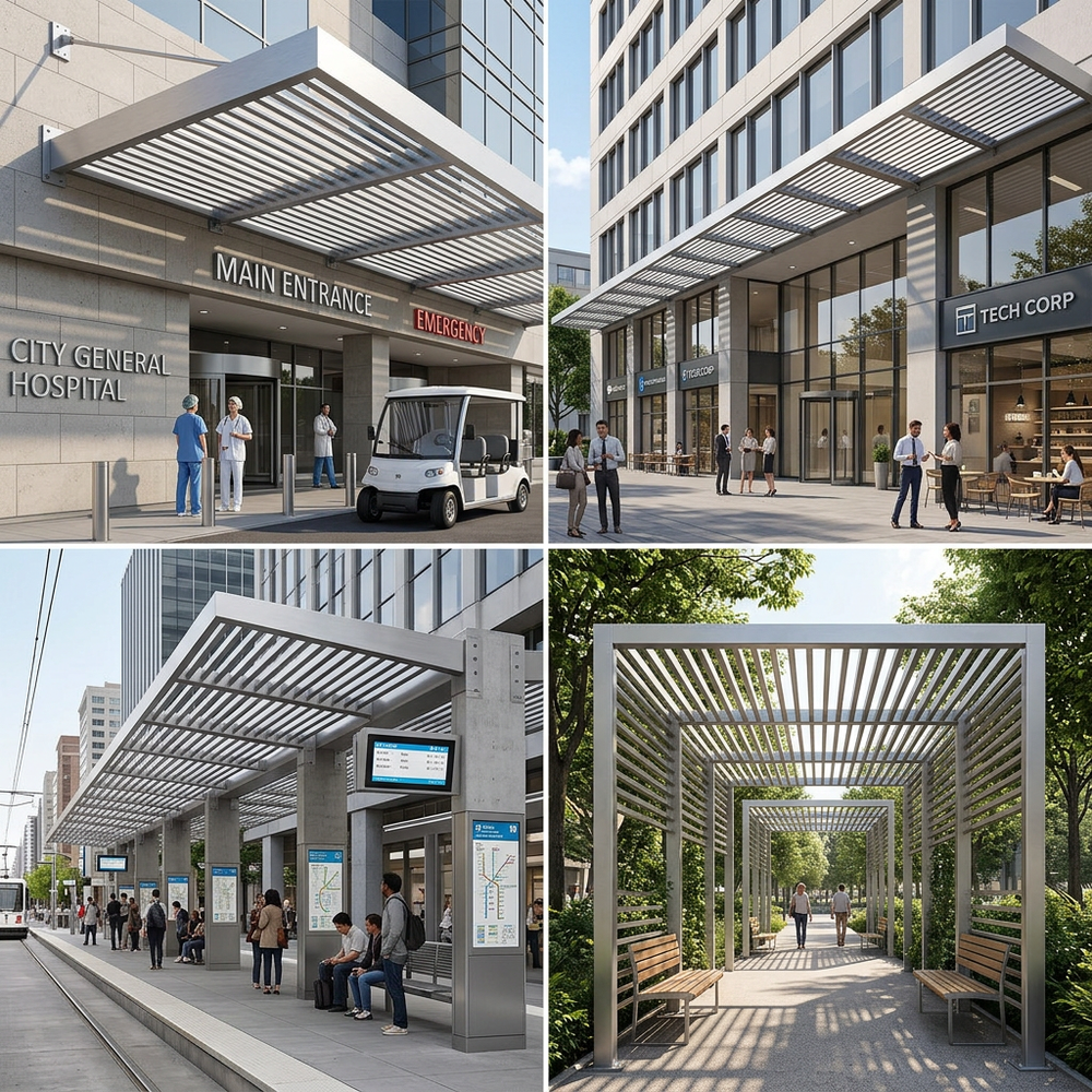 Collage of urban scenes including a hospital entrance, office building, bus stop, and pedestrian walkway with canopies.