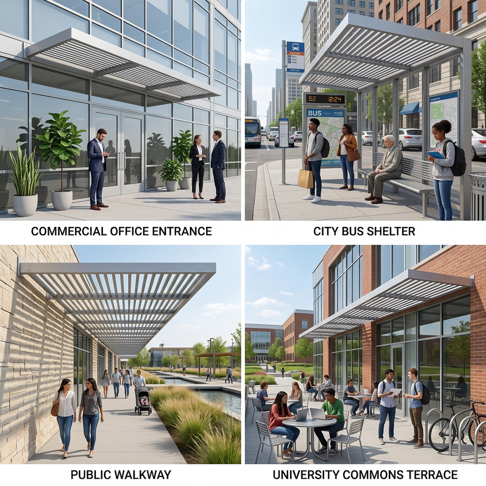 Collage of four different outdoor settings: commercial office entrance, city bus shelter, public walkway, and university commons terrace.