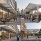 Collage of a modern urban setting with people, buildings, and outdoor seating areas.