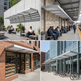 Collage of people using outdoor canopies in various settings including a bakery and a train station.