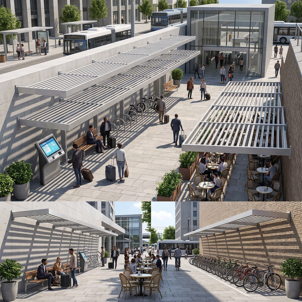 Outdoor waiting area with seating, tables, and bicycle racks in a modern urban setting.