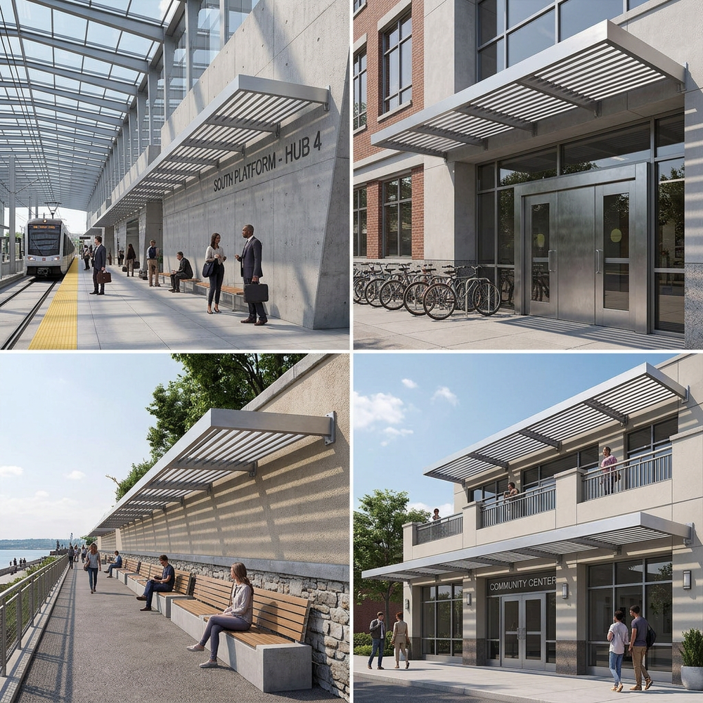 Collage of images showing a train station, entrance to a building, outdoor seating area, and a community center.