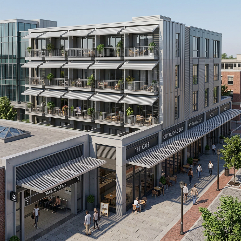Multi-story building with commercial establishments on a city street