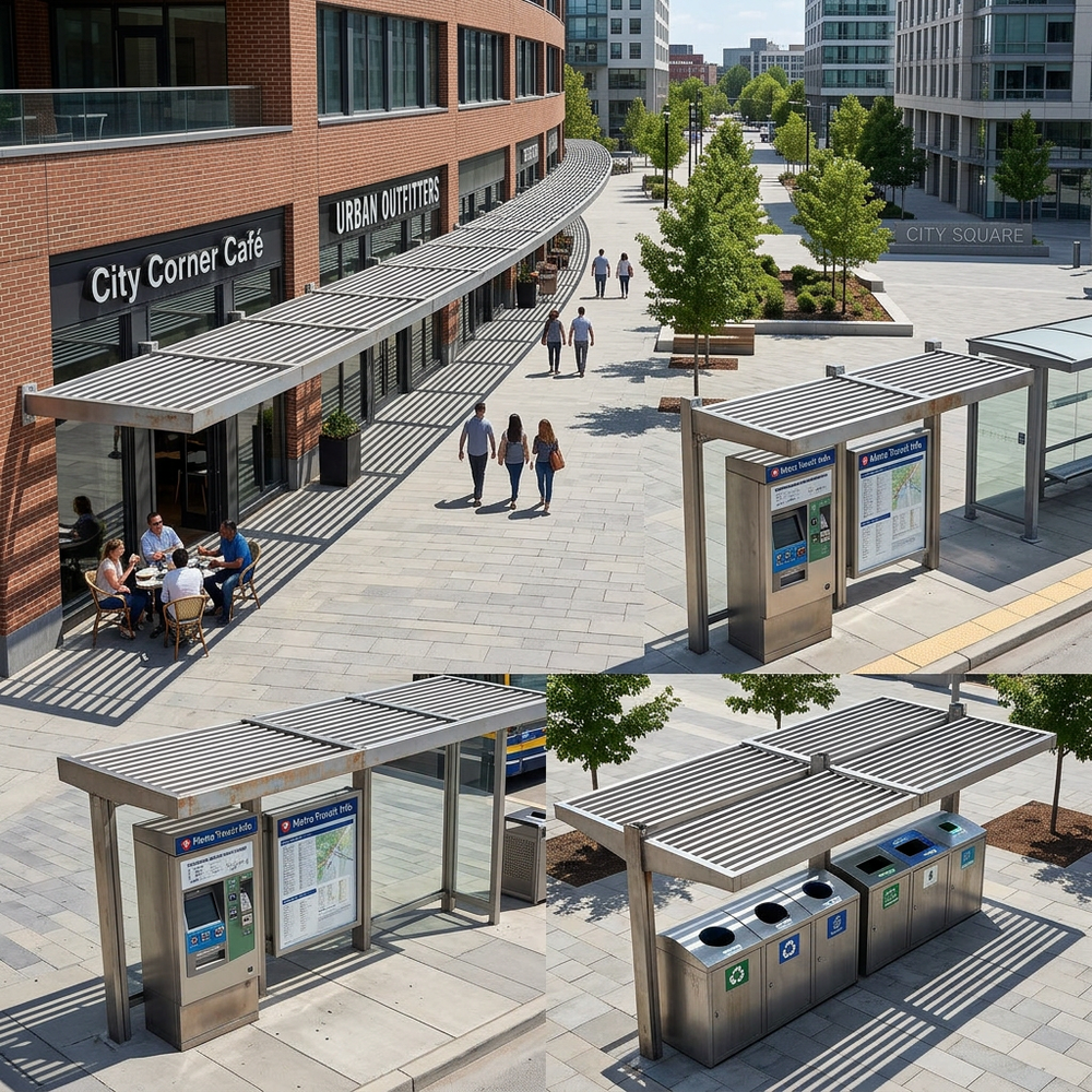 City street scene with a cafe, people walking, and a bus stop.
