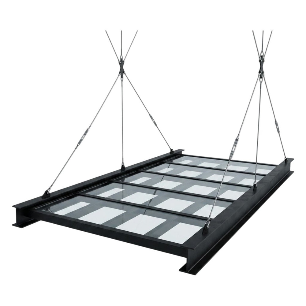 Glass roof panel with metal frame and suspension cables on a white background