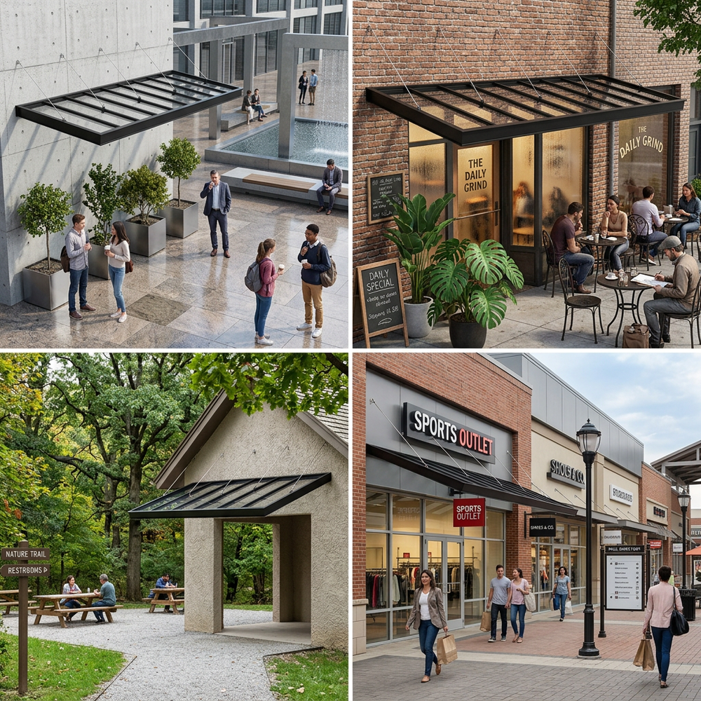 Collage of outdoor scenes with people, plants, and storefronts.