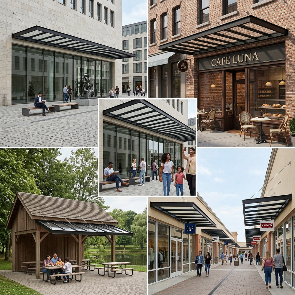 Collage of outdoor settings with people, cafes, and public spaces.