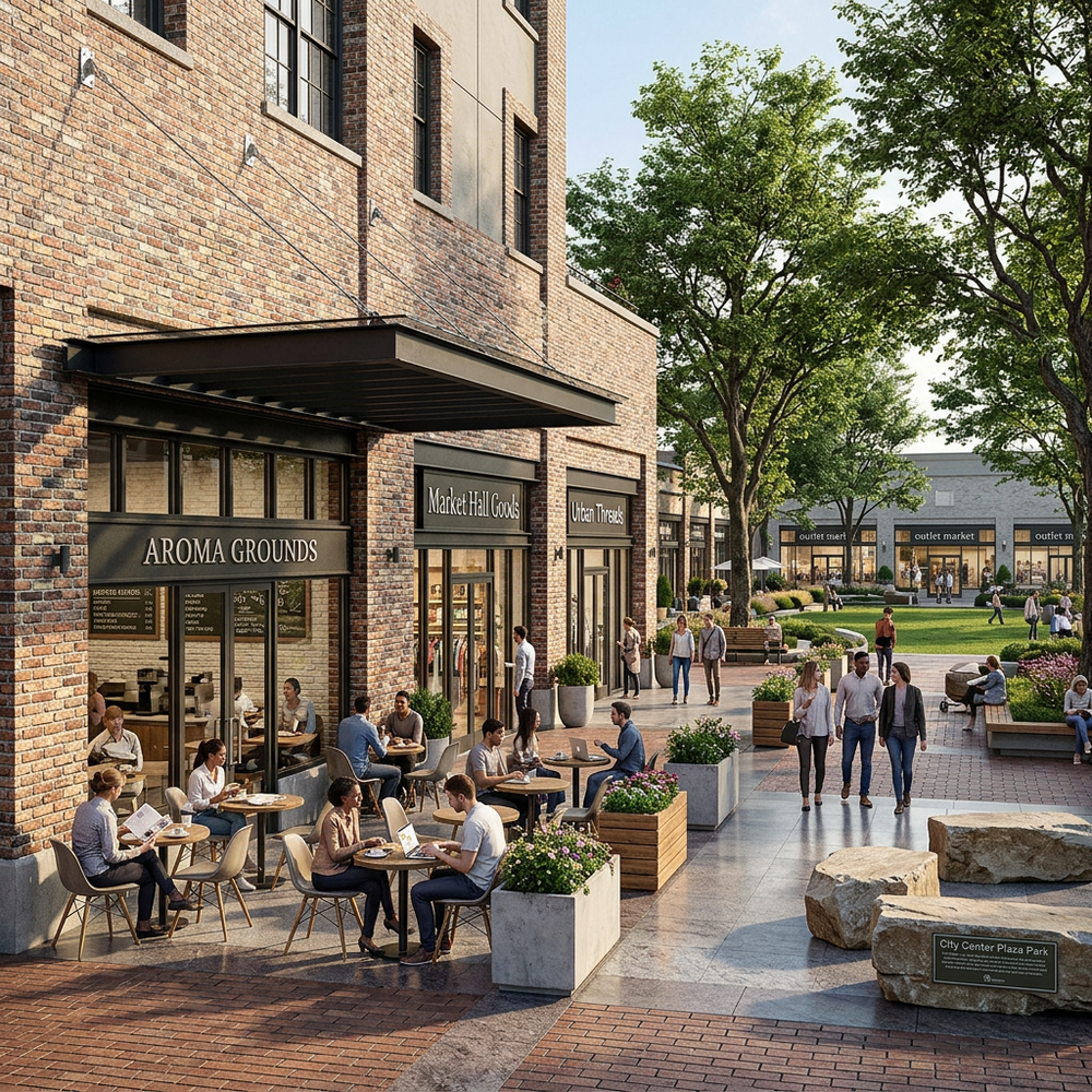 Outdoor shopping area with people sitting at tables and walking around, featuring 'Aroma Grounds' and other shops.