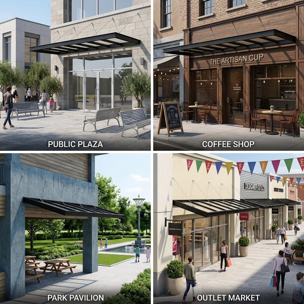 Collage of four different outdoor settings: Public Plaza, Coffee Shop, Park Pavilion, and Outlet Market.
