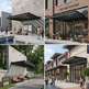 Collage of outdoor scenes including a park, a coffee shop, a street with people, and a shopping area.